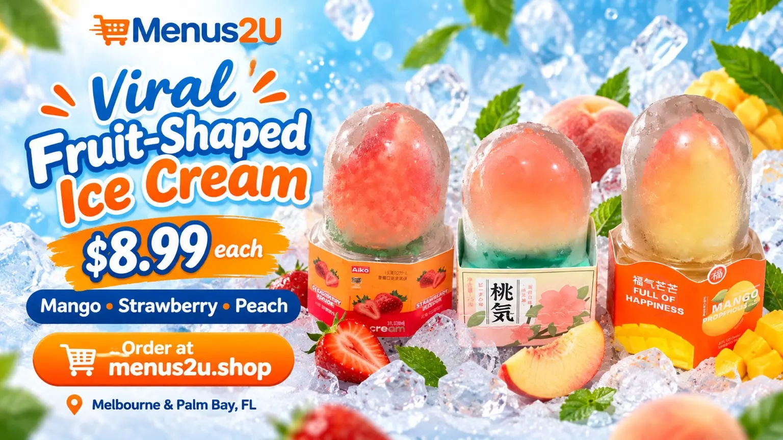 Menus2U viral fruit-shaped ice cream: mango, strawberry and peach, $8.99 each. Delivery in Melbourne and Palm Bay, Florida.